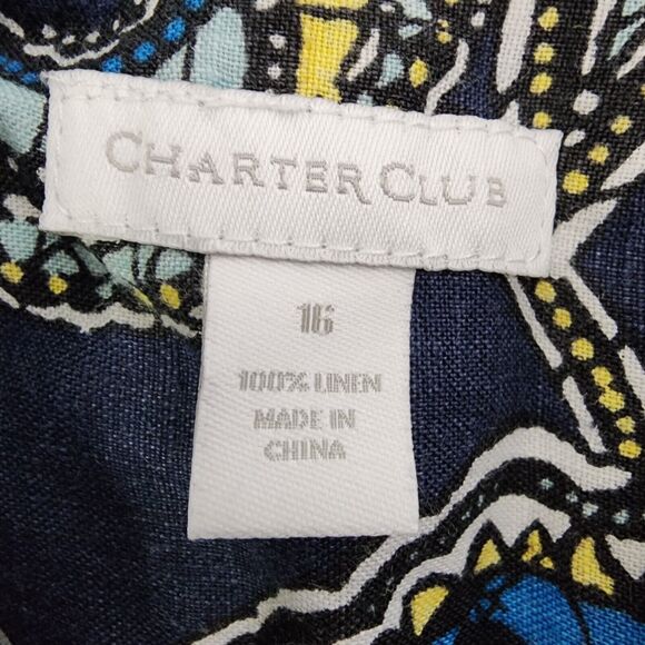 Charter Club Women Top Sz 16 Blue Floral 100% Linen Long Roll Tab Button Pocket - Picture 11 of 12